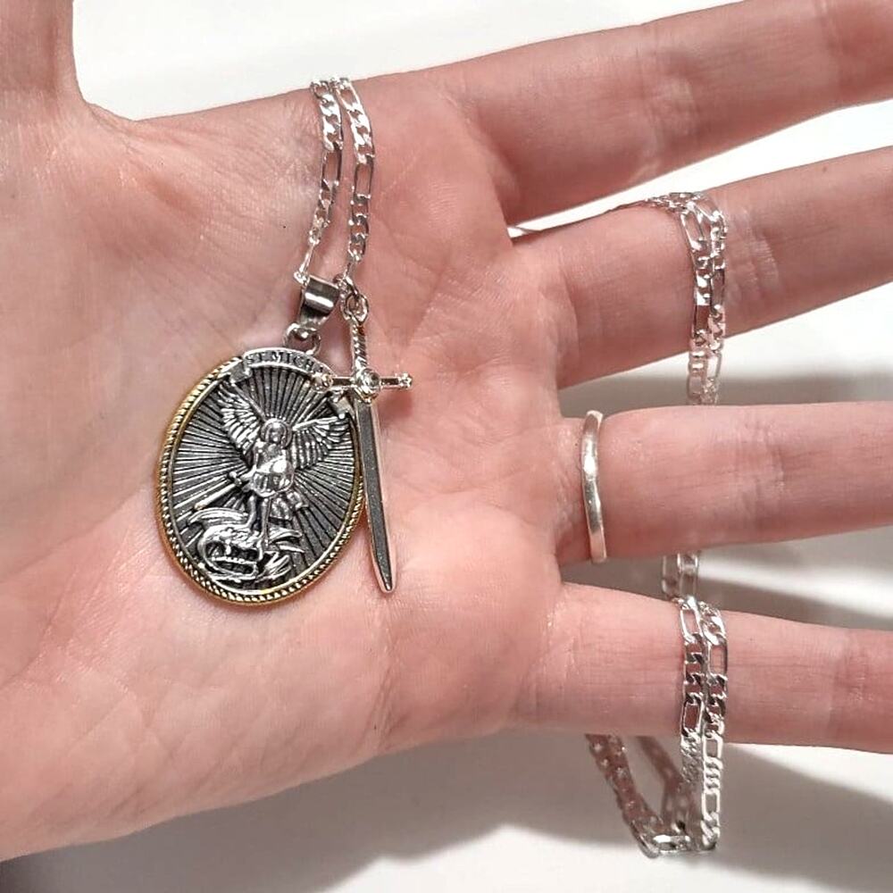 925 Silver Necklace w/ St. Michael Sword Figaro Bible Verse Angel Sterling